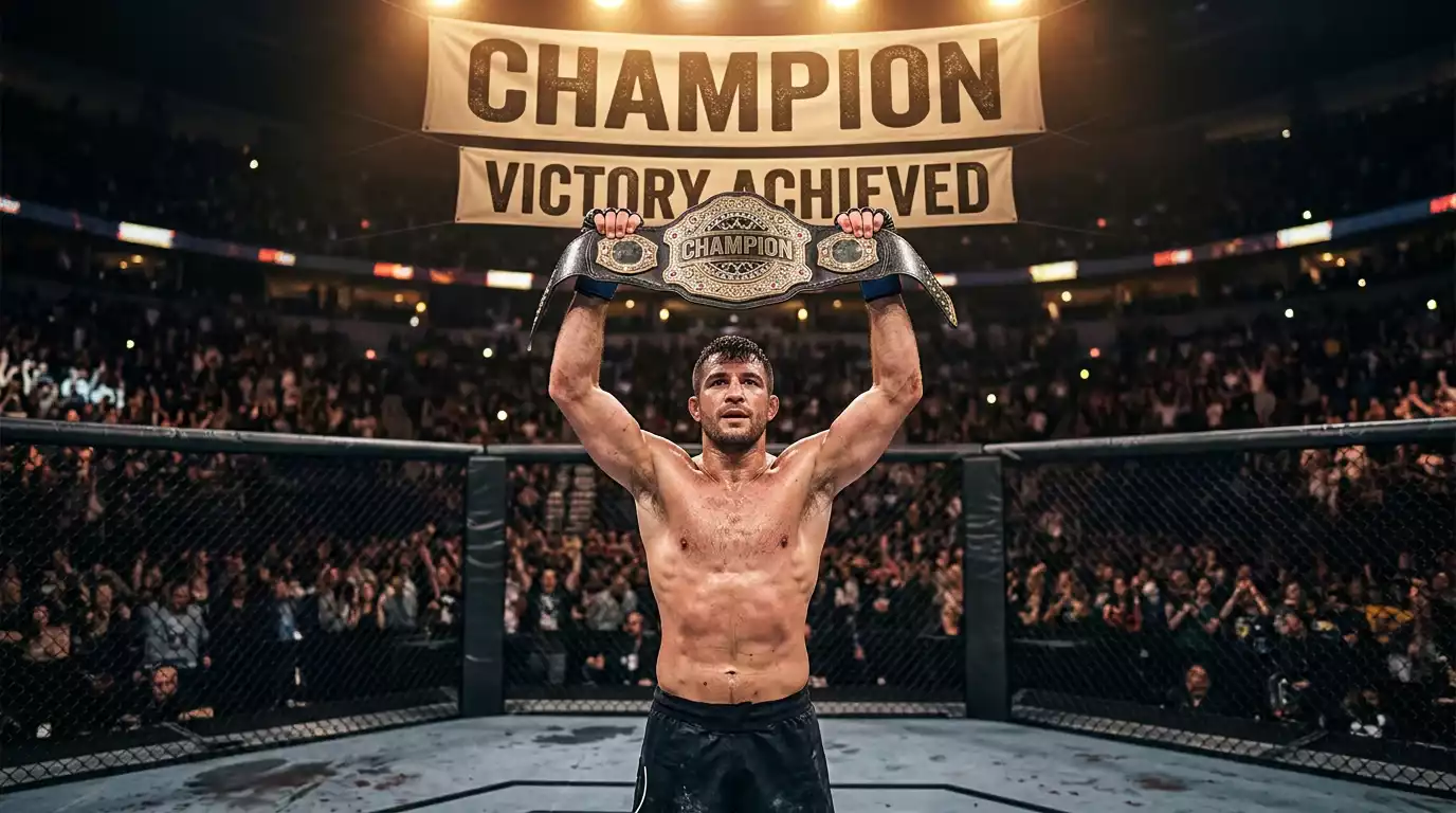 UFC champion raising the championship belt overhead inside the octagon after retaining the title