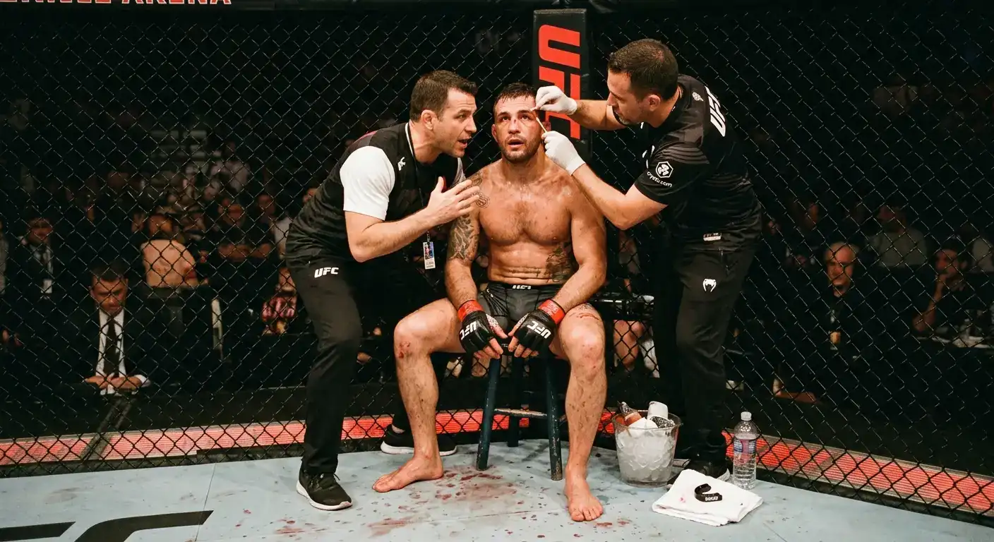 UFC cornerman giving tactical instructions to a fighter on the stool while a cutman works on a cut between rounds