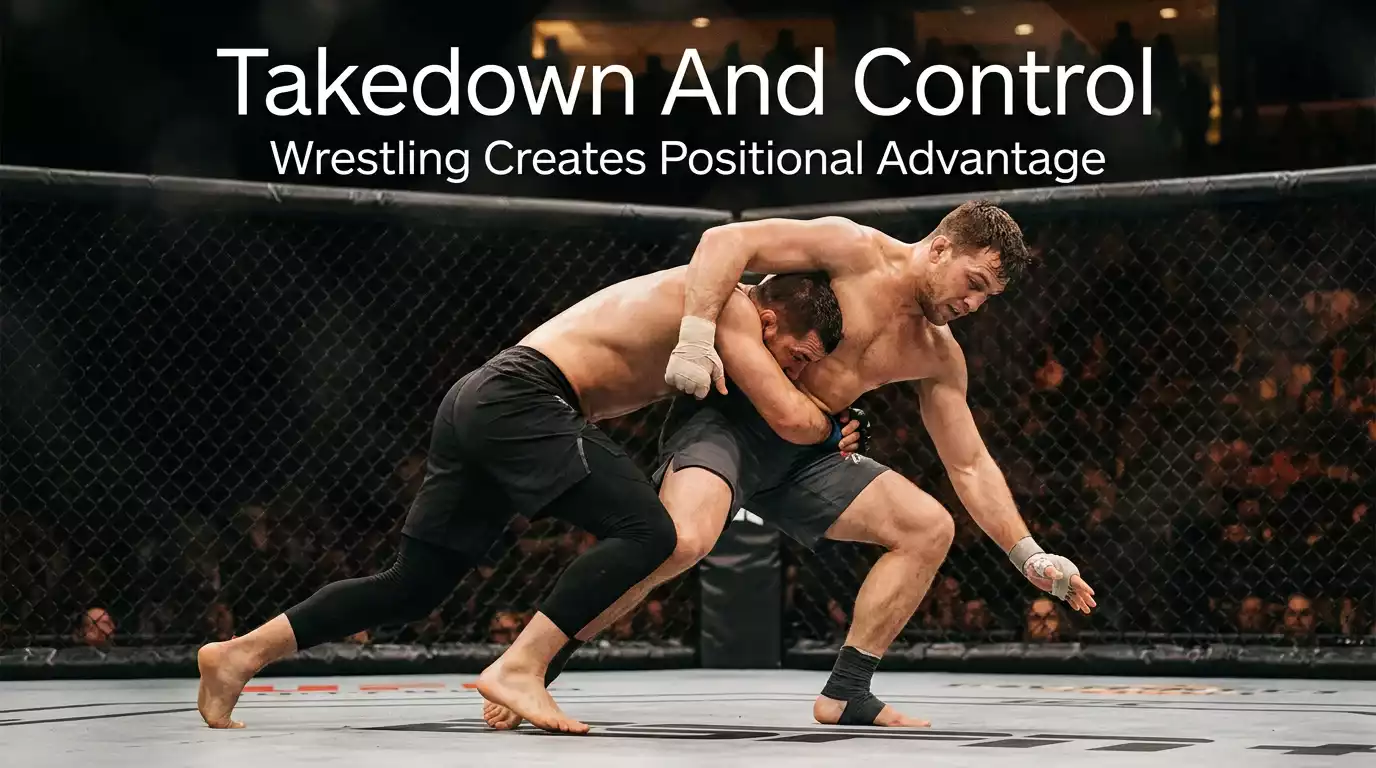 MMA wrestler completing a double-leg takedown inside the UFC octagon, an event correlated with multiple bet builder legs