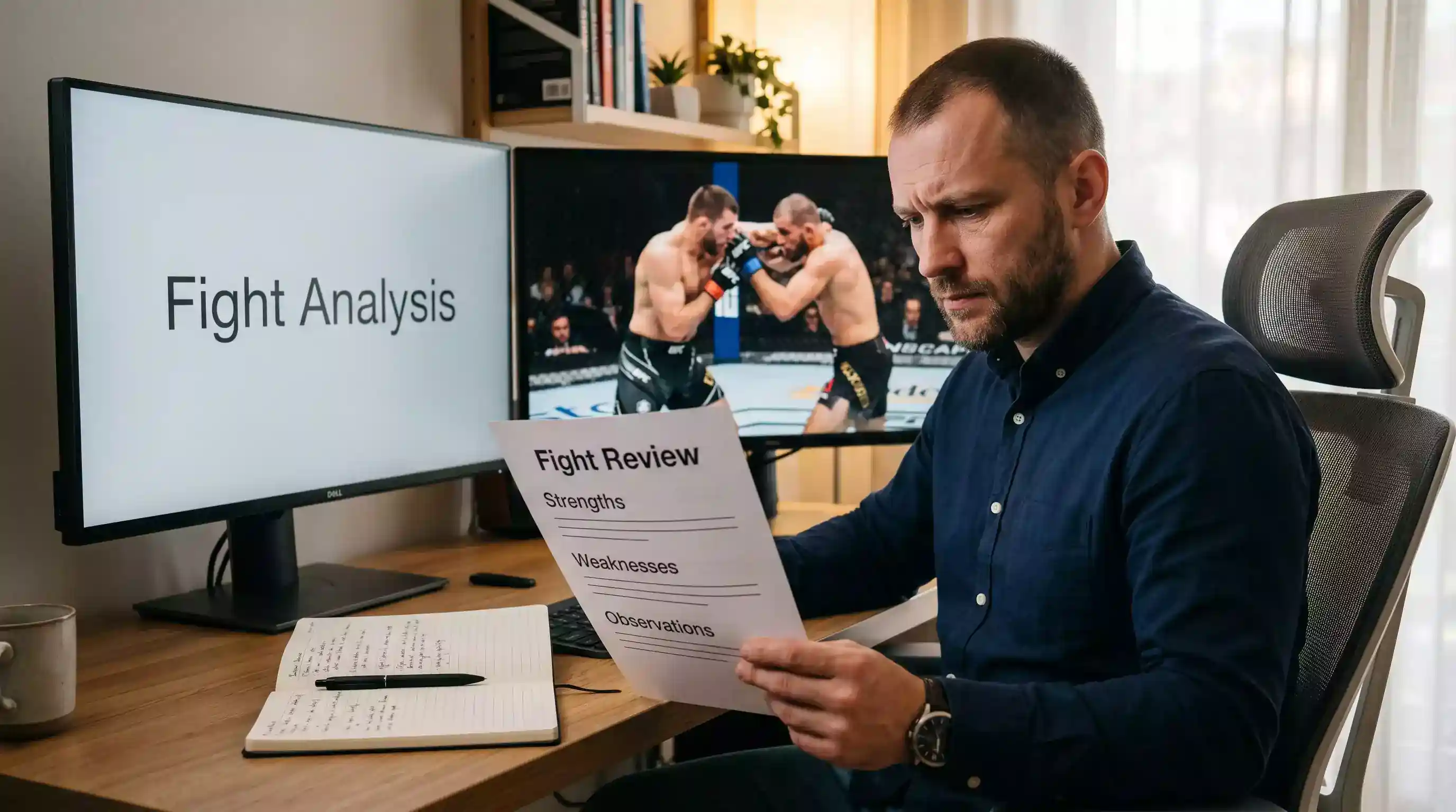 Analyst comparing a UFC statistics printout against paused fight footage on a second monitor