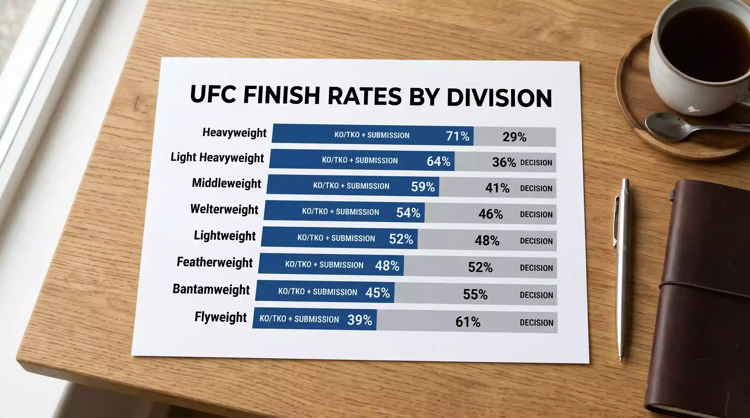 Simple bar chart showing UFC divisional knockout and decision rates, heavyweight versus flyweight