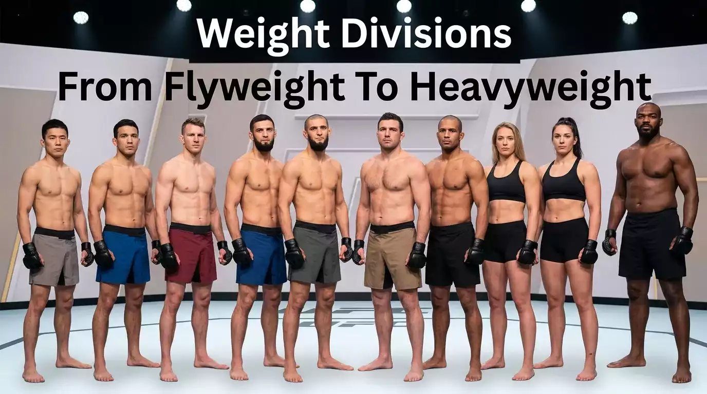 Side-by-side line-up of UFC fighters from different weight divisions during a fight night weigh-in on stage