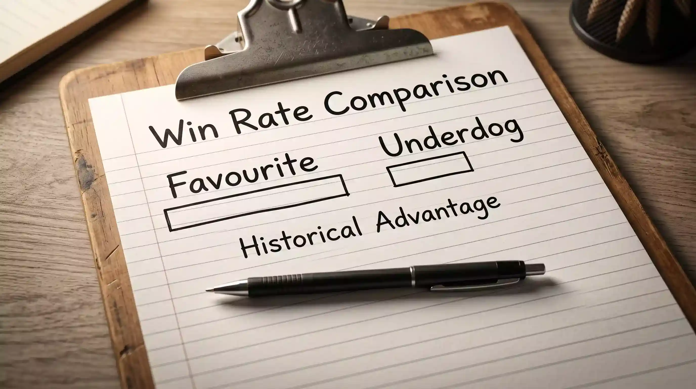 Hand-drawn UFC favourite versus underdog win percentage bar chart on a clipboard with annotations