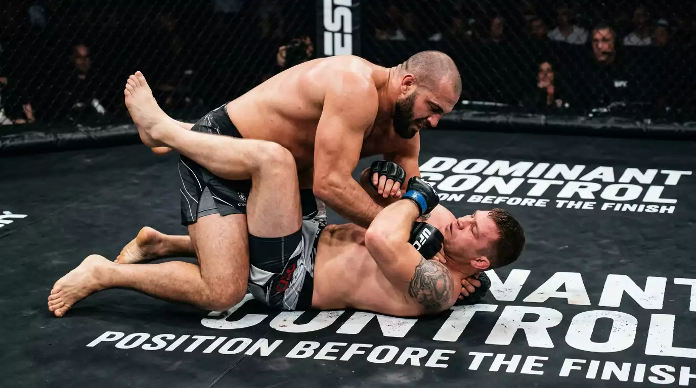 Heavyweight MMA fighter dominating from a top control position inside the UFC octagon