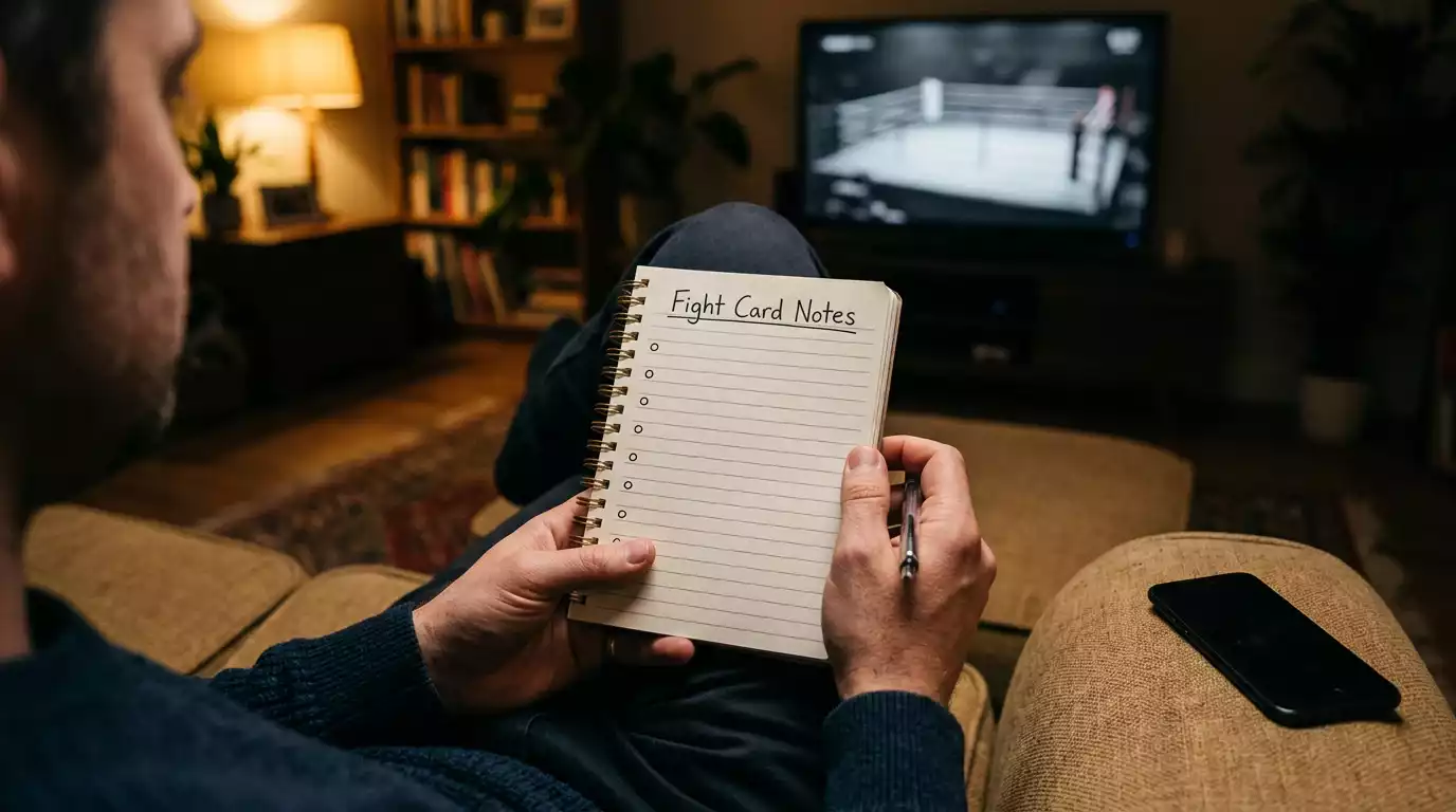 UK bettor writing a structural in-play trigger list on a notepad while watching a UFC fight card