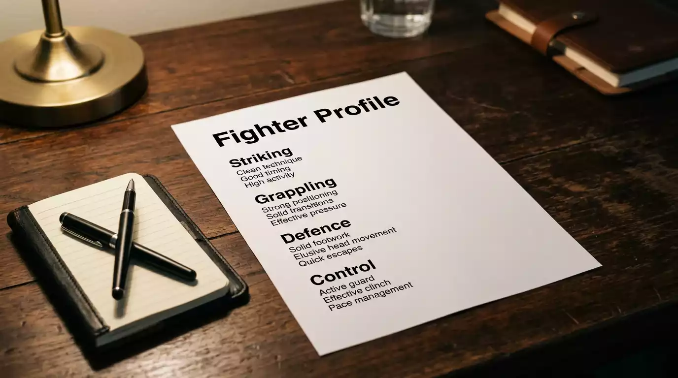 Printed UFC fighter statistics sheet showing significant strike differential and takedown defence in clean tabular layout