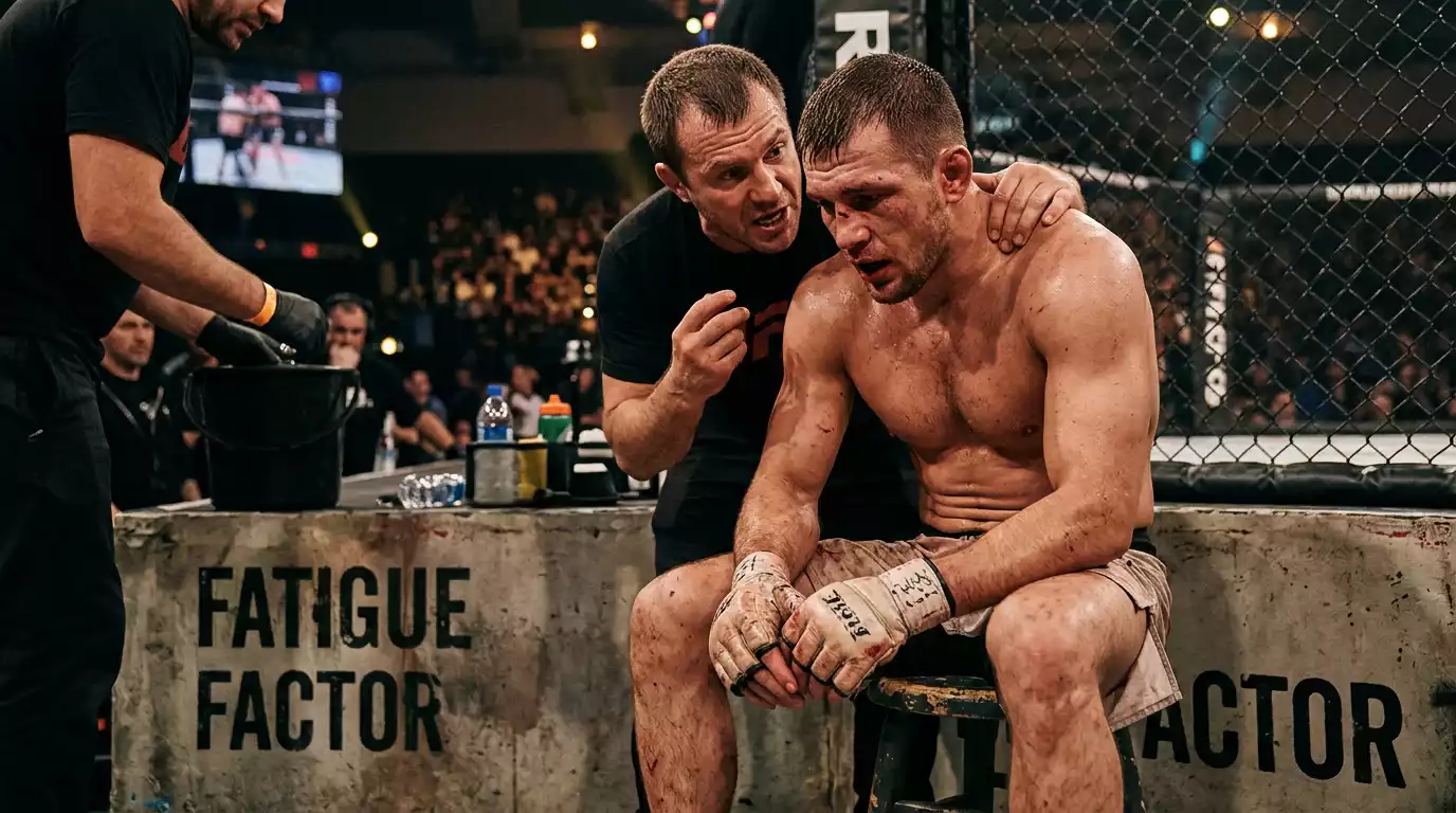 UFC fighter showing signs of fatigue on the stool between rounds, hands on knees and breath ragged
