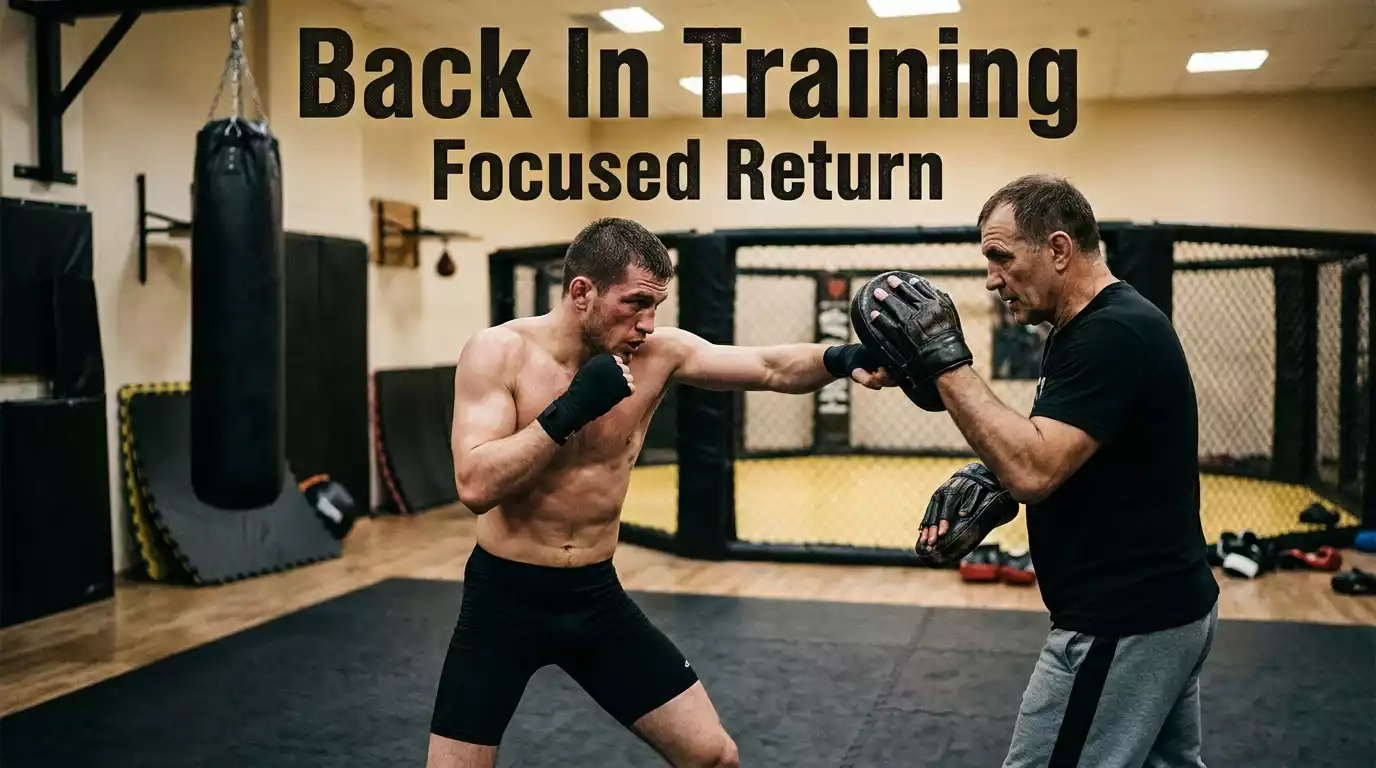 UFC fighter returning to training in an MMA gym after an extended layoff with coach holding pads