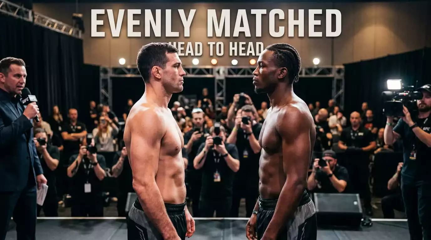 Two UFC fighters in a symmetrical face-to-face staredown at the official weigh-in