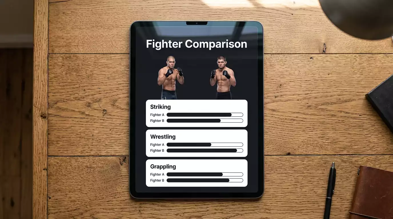 Tablet displaying head-to-head UFC fighter statistics with strikes and grappling splits