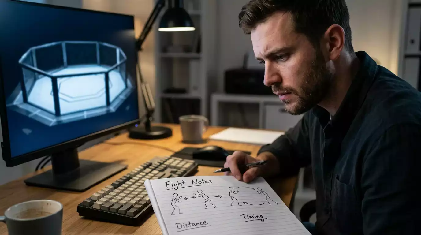 Combat sports analyst studying UFC fighter tape for striking accuracy and takedown defence patterns