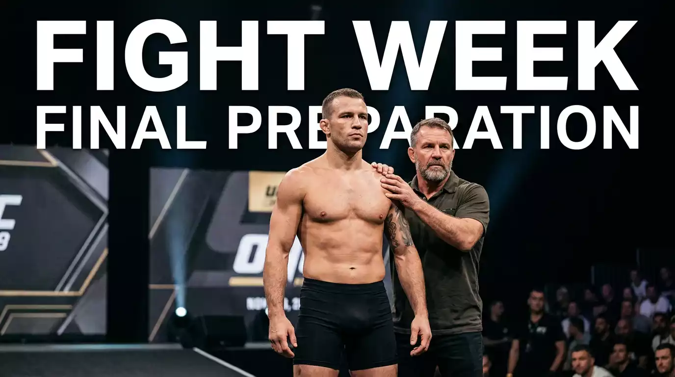 UFC fighter on the scale at official weigh-ins with his head coach standing close behind