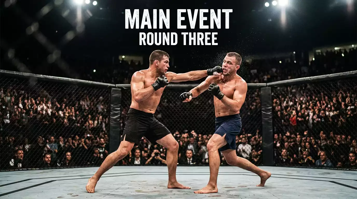 UFC octagon clock displaying round three of a five-round main event with both fighters still active