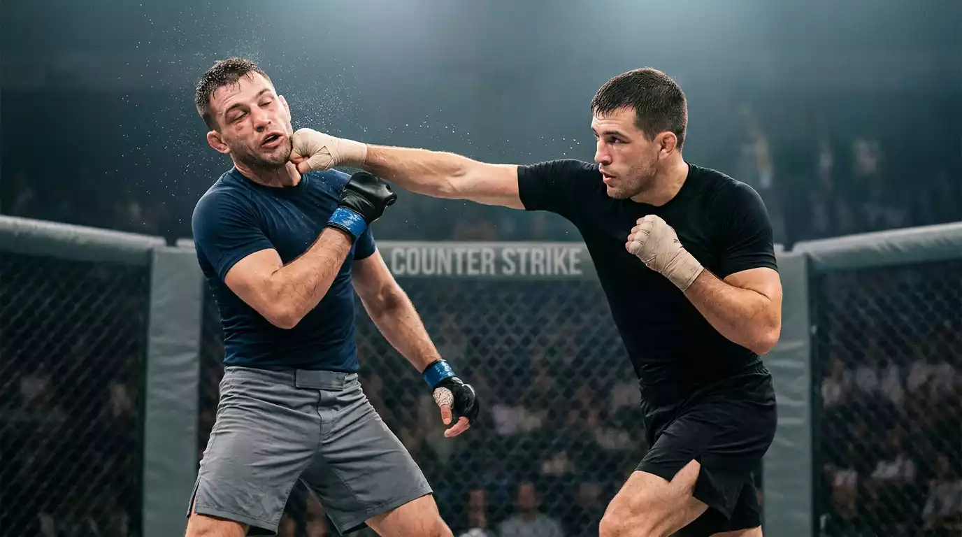 MMA fighter landing a flush counter strike on his opponent inside the UFC octagon