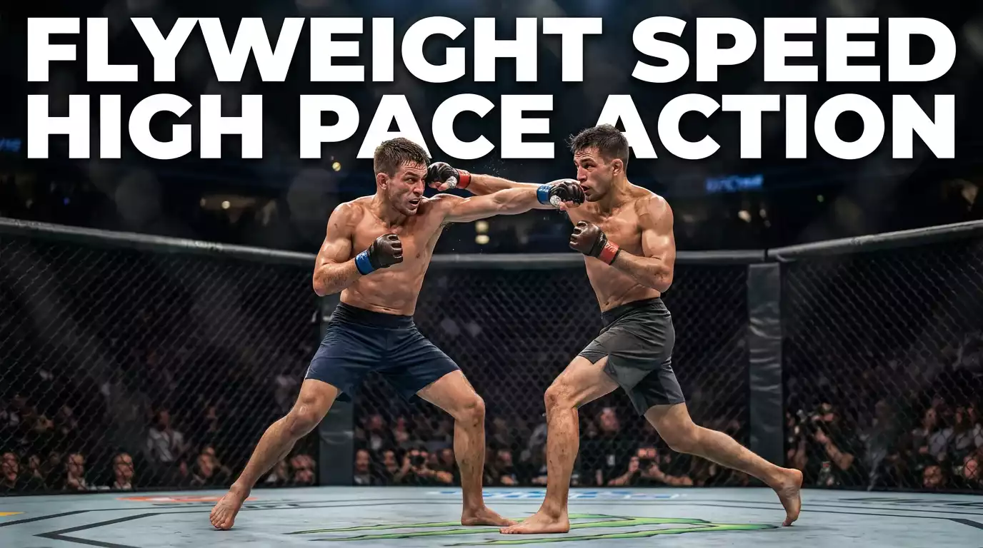 Two UFC flyweight fighters exchanging strikes at high pace in the third round