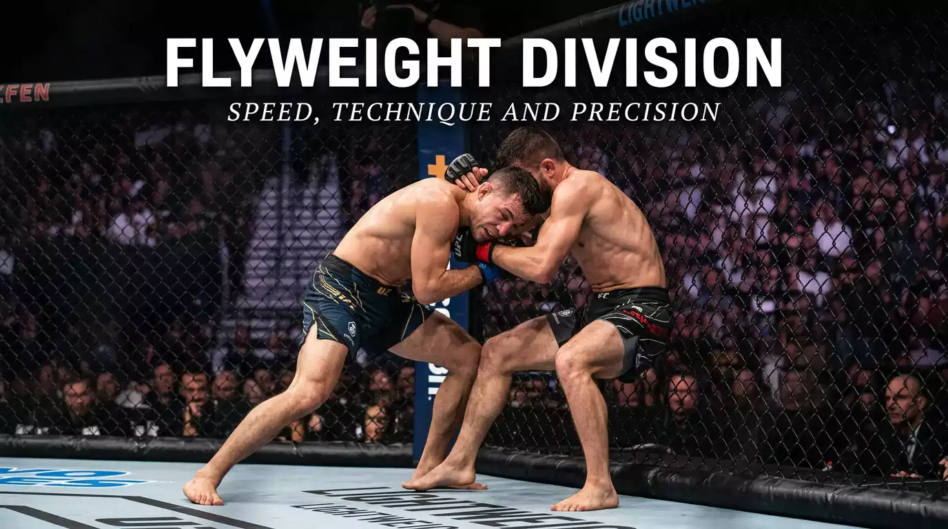 Two flyweight MMA fighters mid-grappling exchange inside the cage