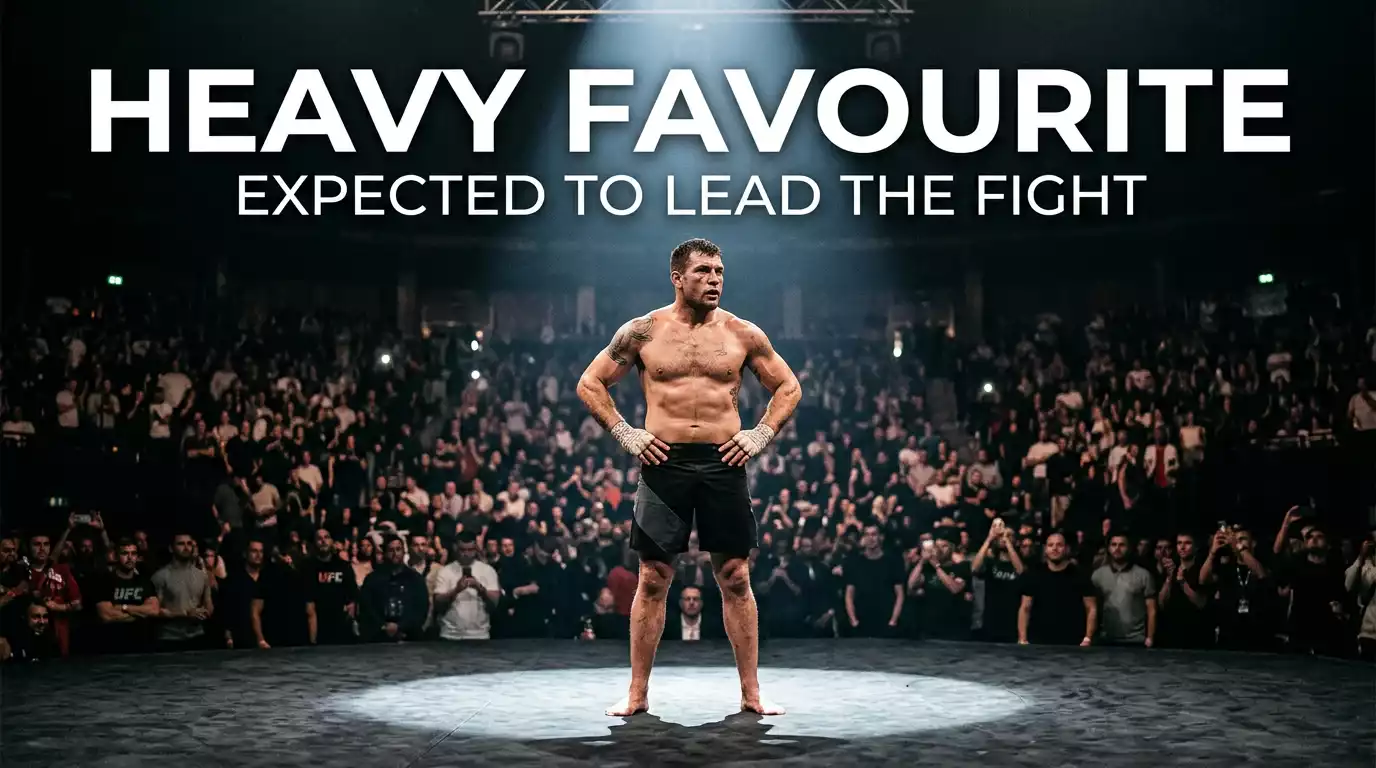 Male UFC fighter alone inside the octagon cage looking out toward the crowd