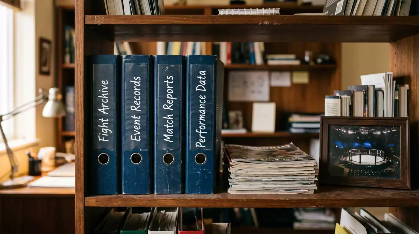 Binder of printed UFC fight results and historical event programmes on a shelf representing a decade of records