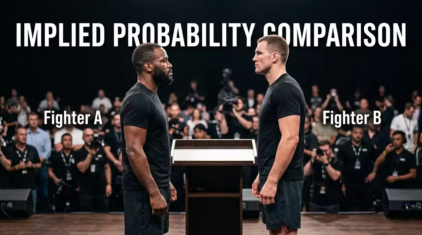Two male UFC fighters facing off at a press-conference podium under stage lights