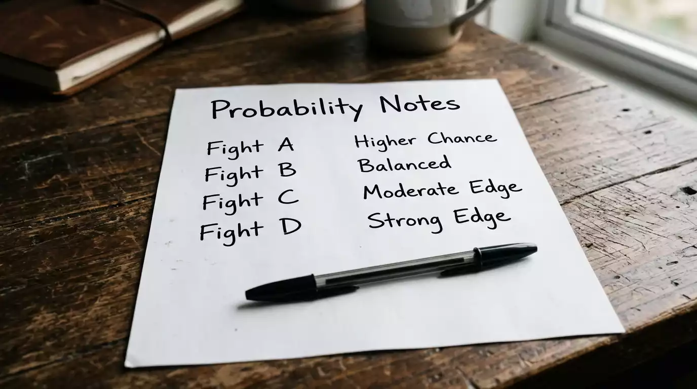 Worksheet on a desk showing UFC fractional odds next to handwritten implied probability percentages