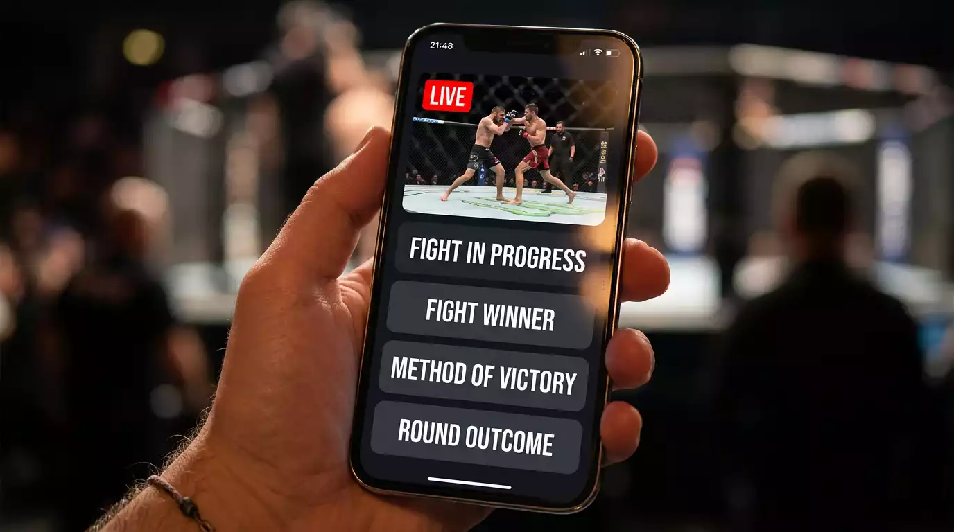 Close-up of a smartphone displaying a UFC live in-play feed with a fast-refreshing moneyline panel