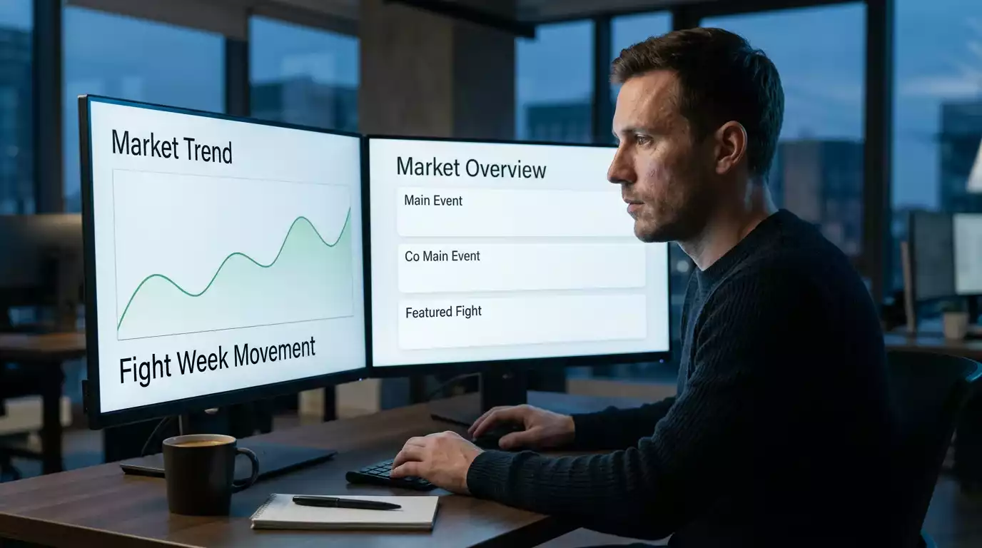 Trading desk monitor showing UFC odds drift across fight week from open to walkout
