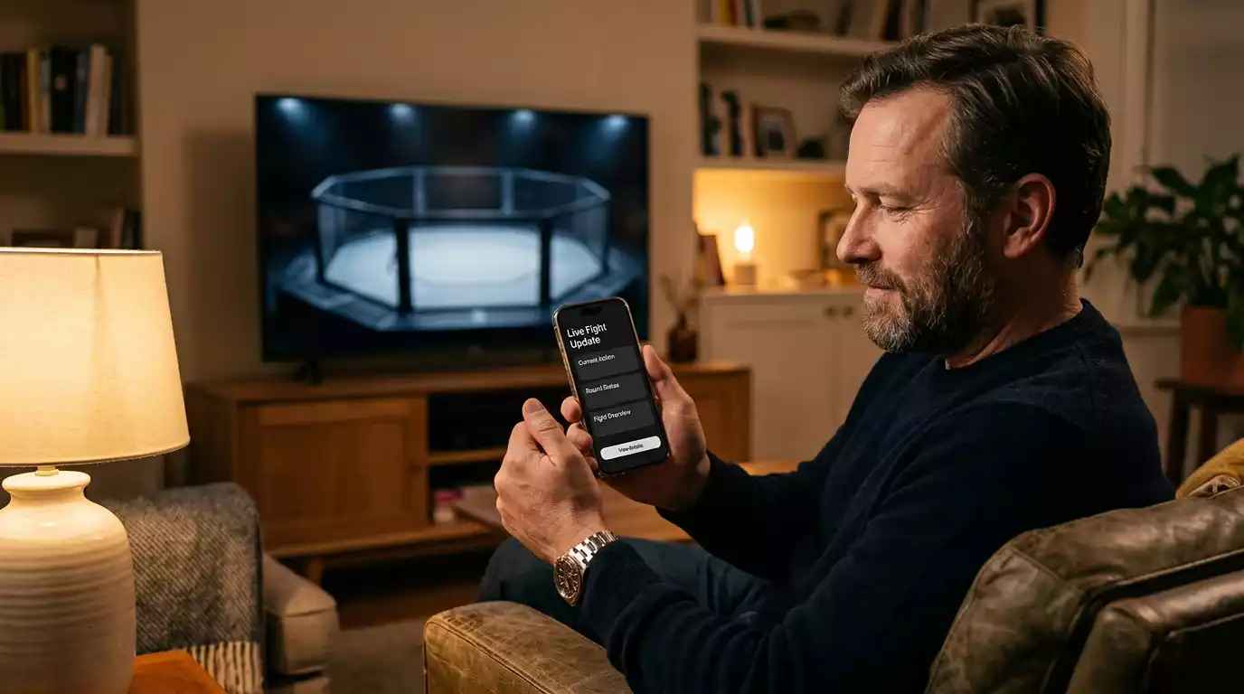 UK bettor placing a live UFC in-play bet on a phone between rounds at home