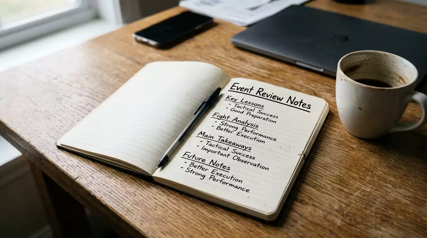 Notebook page summarising lessons from UFC London card bets beside a coffee cup on a wooden desk