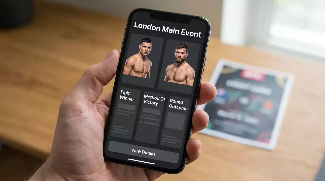 Mobile betting screen displaying UFC London main event moneyline and method-of-victory markets