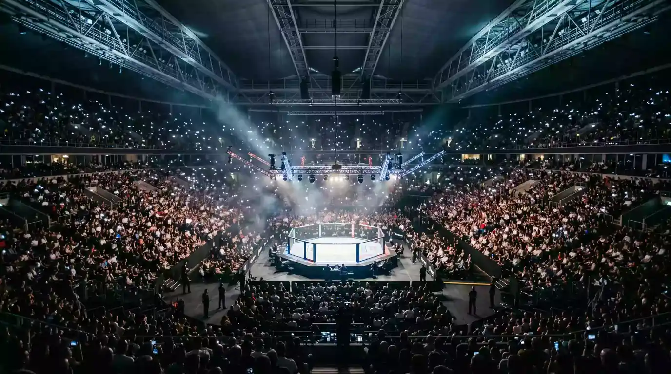 Packed O2 Arena crowd in London during a UFC Fight Night, octagon visible in the distance