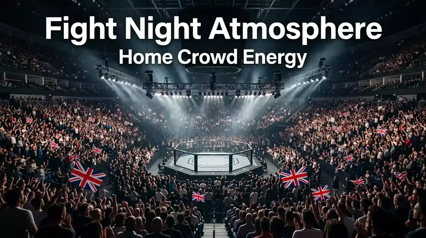 UFC London crowd inside the O2 Arena cheering a British fighter, illustrating the home-crowd factor
