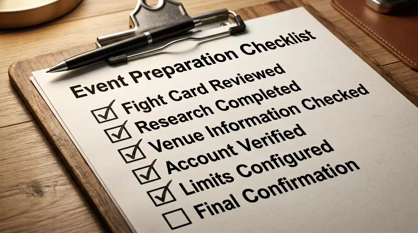 Printed UFC London pre-event betting checklist with bankroll notes on a clipboard