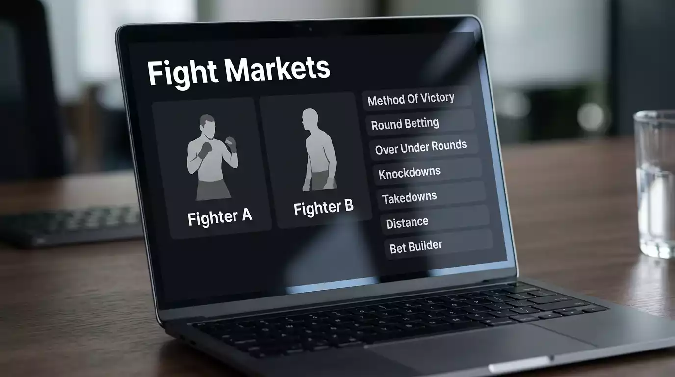 UK operator UFC market menu showing depth across moneyline, method, rounds, props and builder