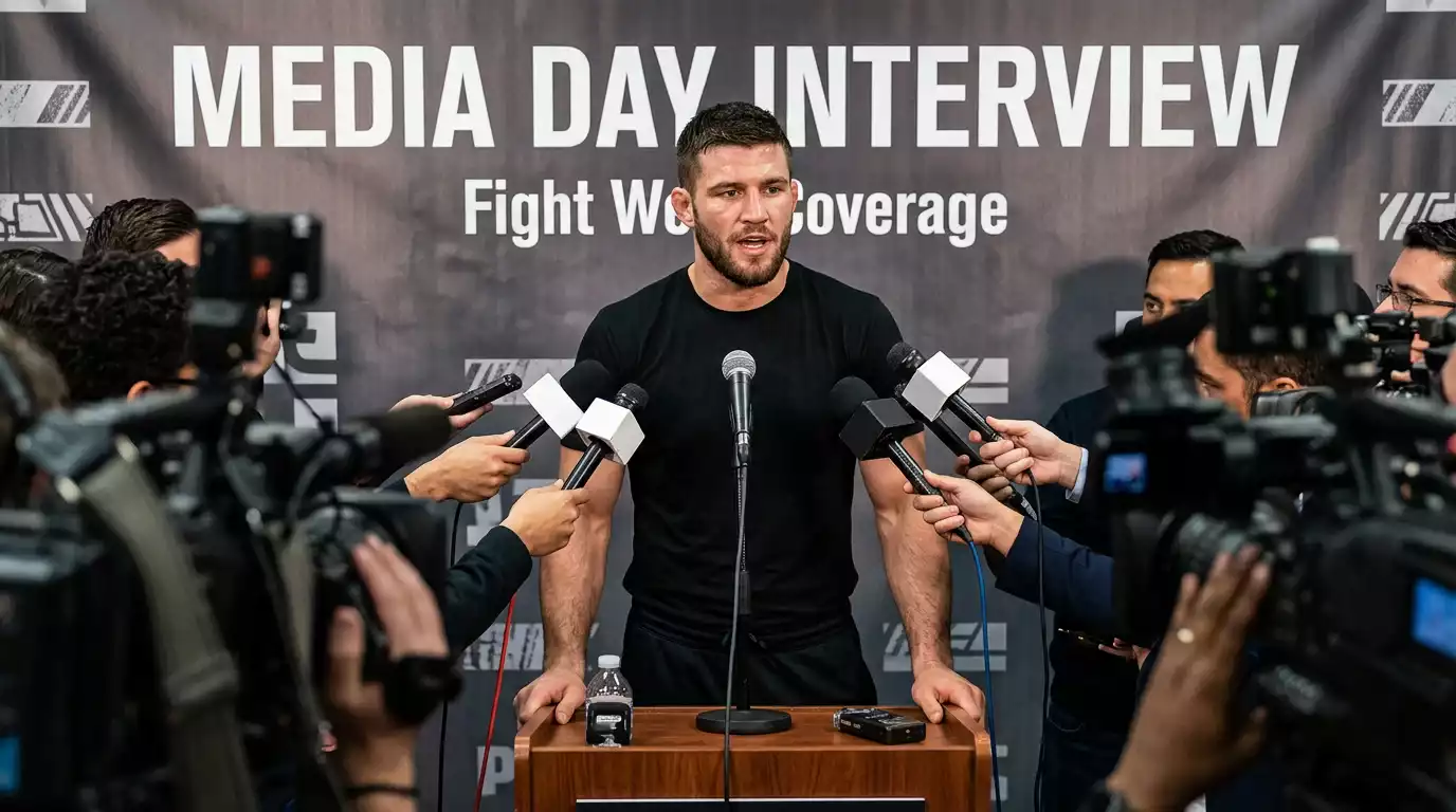 Crowd of sports reporters with microphones surrounding a UFC fighter at media day