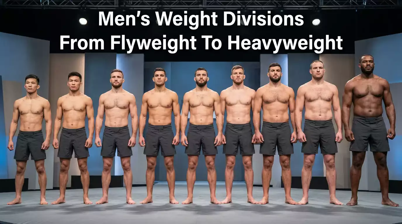 Line-up of UFC male fighters from flyweight to heavyweight standing in order during a fight-night weigh-in
