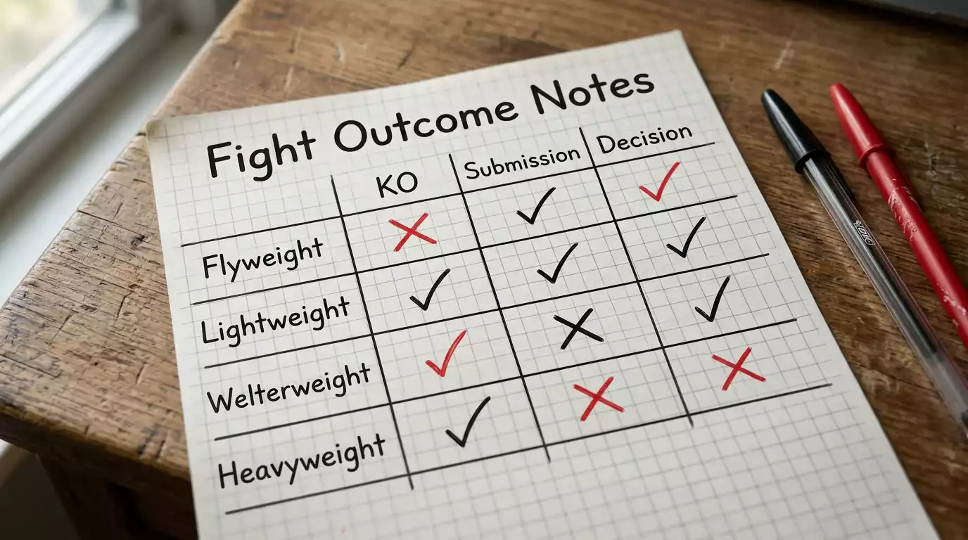 Handwritten matrix on graph paper mapping UFC weight divisions to preferred method-of-victory bets
