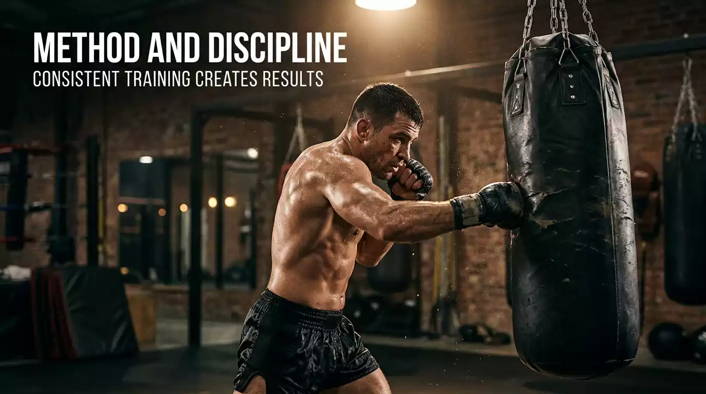 Solo MMA fighter working a heavy bag in a quiet evening gym