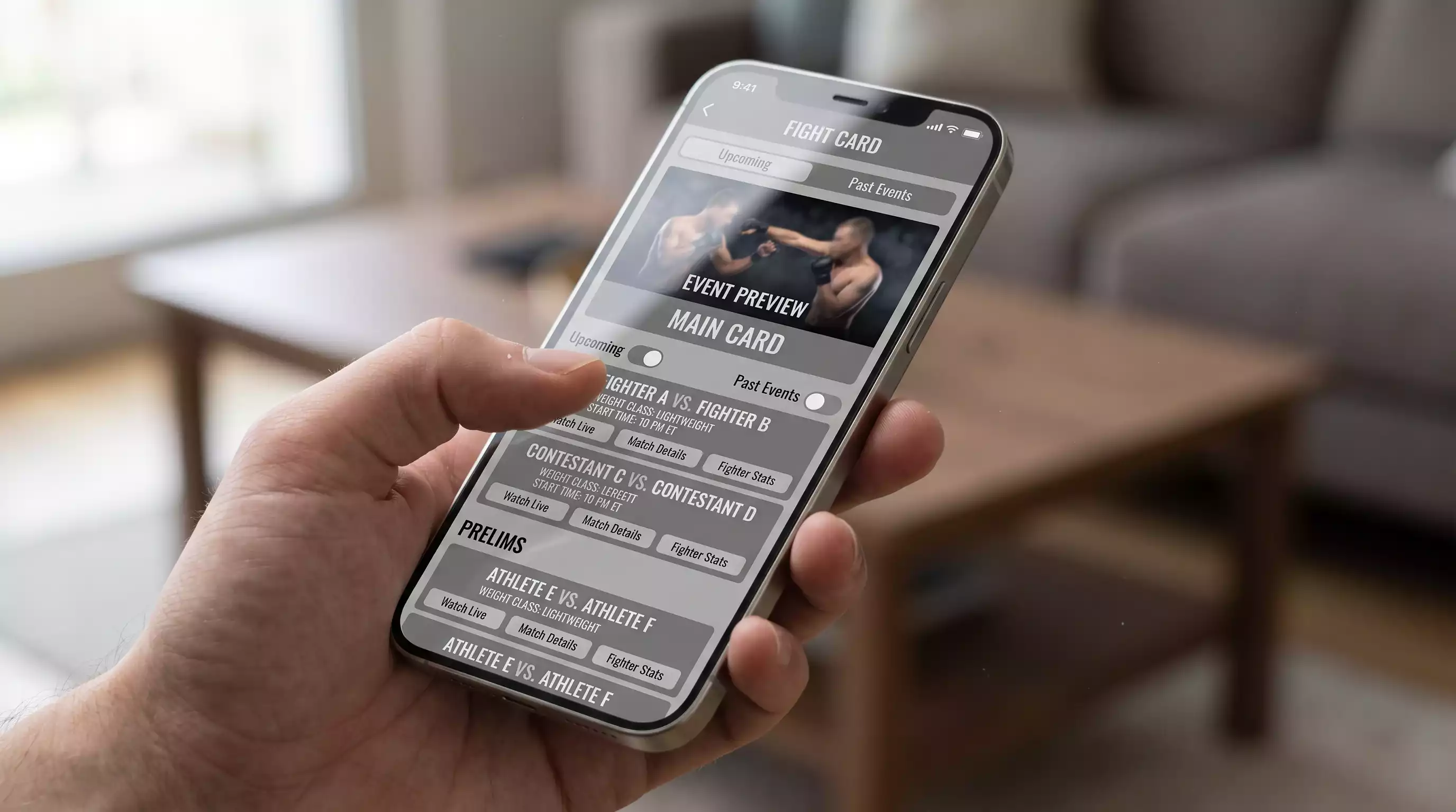 Smartphone showing a UFC fight card listing on a sports betting app