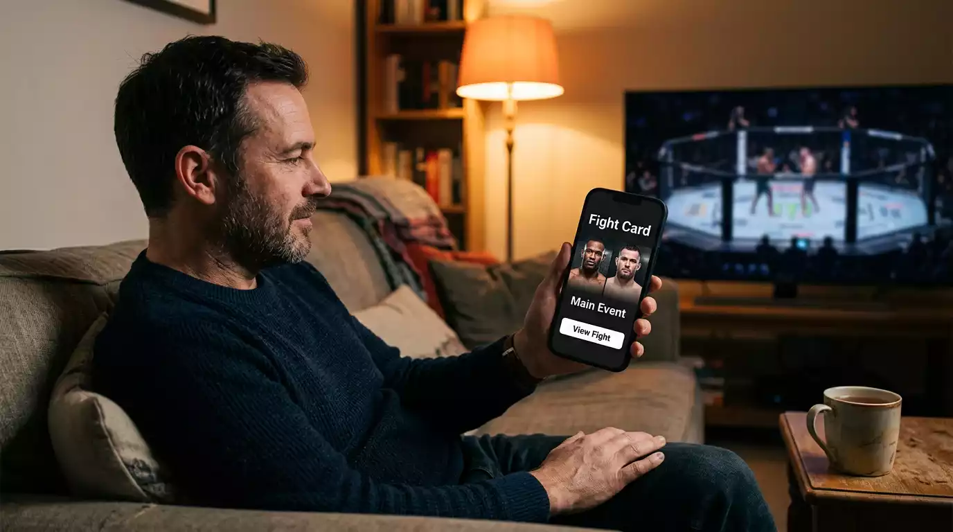 UK user calmly using a UFC betting app at home before a fight night with phone in hand
