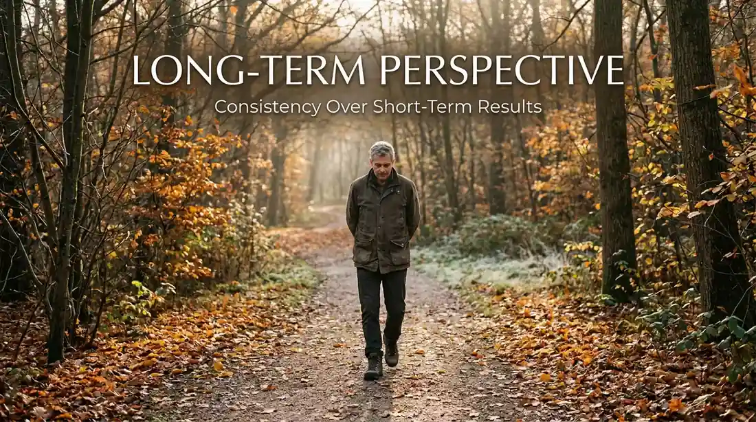 British man on a quiet morning walk through a Hampstead Heath path with autumn leaves
