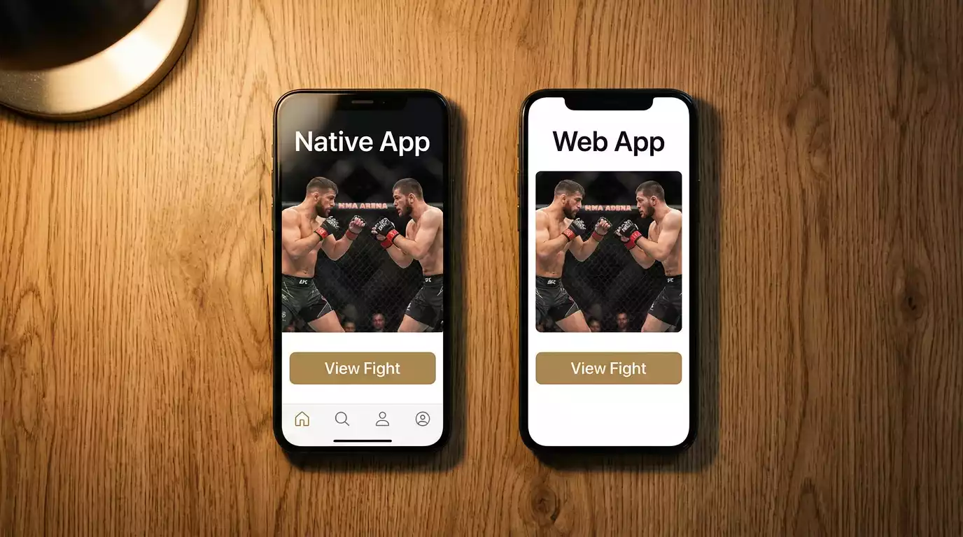 Two phones side by side showing a native UK sportsbook app and a progressive web app version of the same UFC card