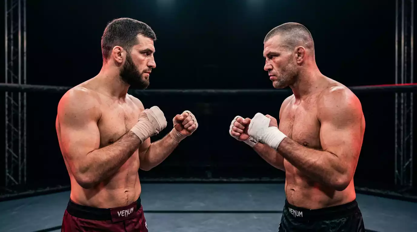 Two UFC fighters facing off head to head at an arena promotional shoot