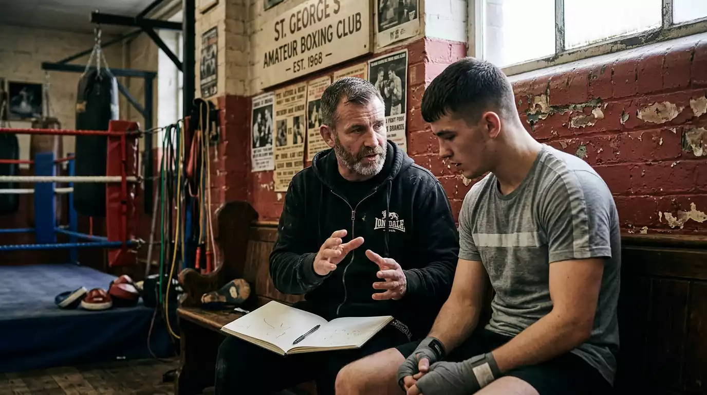 MMA coach pointing at a clipboard while explaining tactics to a fighter in a gym