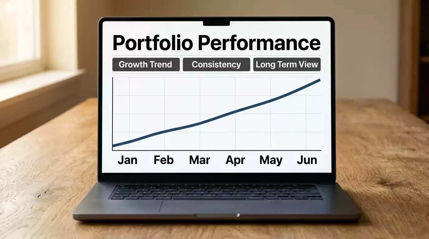 Clean line chart on a laptop showing the progression of a UFC futures portfolio over months