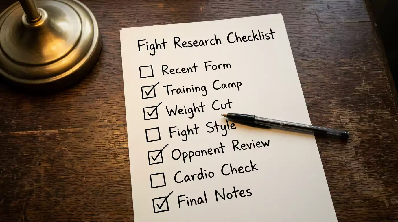 Printed seven-point UFC fighter research checklist with hand-ticked items on a wooden analyst's desk