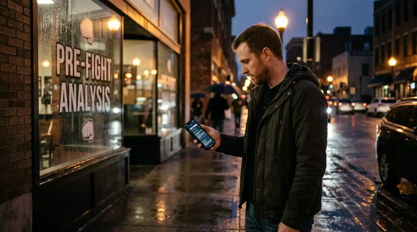 British fan checking a sports schedule app on a phone outside a betting shop