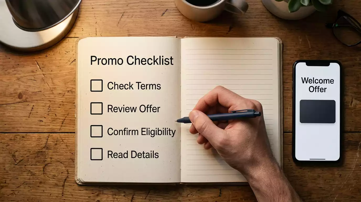Bettor running through a four-question promo evaluation checklist on a notepad