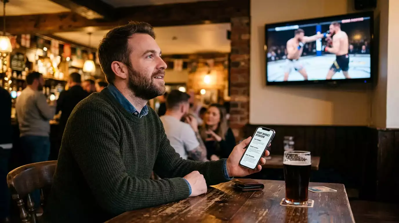 British fan checking a phone in a quiet local pub during a fight broadcast