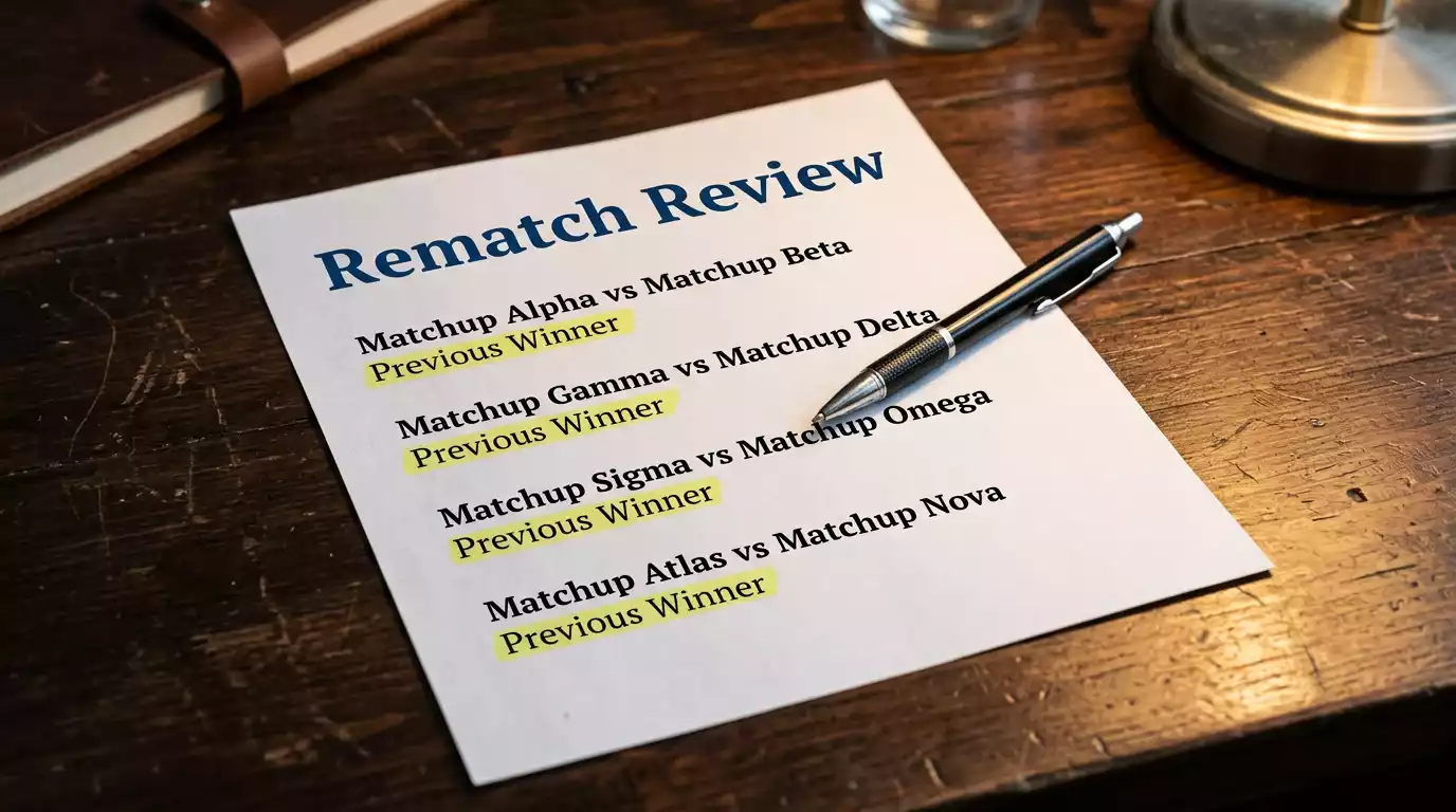 Printed document on a desk listing UFC rematch results with first-fight winners highlighted