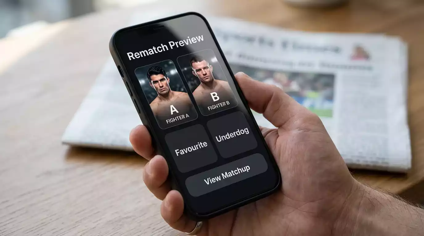 Mobile betting screen displaying a UFC rematch moneyline with the favourite's price shortened compared to the first fight